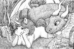  black_and_white dragon equine fairy fantasy fantasy_world female glow glowing greyscale horn magic mammal monochrome mouse mushrooms paul_lucas pixie polearm rodent spear unicorn water weapon wings 