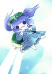  absurdres backpack bag blue_hair chibi fang hair_bobbles hair_ornament hat highres jetpack kawashiro_nitori key o_o open_mouth pocket short_hair smile solo touhou two_side_up yume_shokunin 