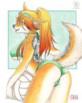  2010 bikini blue_eyes breasts butt camel_toe canine coyote female glasses hair kacey long_hair long_orange_hair looking_back orange_hair ponytail quill_(character) skimpy solo tail teeth tongue under_boob volleyball 