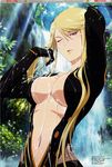  ;d absurdres adjusting_hair arms_up bangs bathing blonde_hair blush body_blush bodysuit breasts center_opening cleavage day fingerless_gloves fishnets forest gloves groin hair_between_eyes hand_behind_head highres itadaki_shinji kasuga_(sengoku_basara) large_breasts leaf light_rays long_hair looking_at_viewer megami midriff nature naughty_face navel ninja no_bra official_art one_eye_closed open_mouth outdoors parted_bangs pose scan seductive_smile sengoku_basara sidelocks smile solo sparkle sunbeam sunlight swept_bangs tree upper_body very_long_hair water waterfall wet wet_clothes wet_hair yellow_eyes 