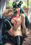  1girl absurdres asui_tsuyu blue_eyes blush boku_no_hero_academia boots breasts frog_girl gloves goggles goggles_on_head highres long_tongue looking_at_viewer nude nudtawut_thongmai paid_reward patreon_reward pubic_hair pussy sitting thigh_boots thighhighs tongue tongue_out uncensored very_long_tongue wet 