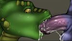  close-up crocodile cum cum_in_mouth cum_inside disembodied_penis dragon erection fellatio gay green_body grey_background looking_away looking_back male nude open_mouth oral oral_sex penis penis_close-up plain_background reptile scalie sex simple_background sobek tojo_the_thief tongue vein yellow_eyes 