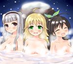  blonde_hair blush breasts brown_eyes brown_hair censored closed_eyes convenient_censoring ganaha_hibiki green_eyes hoshii_miki idolmaster idolmaster_(classic) kagami_yuu multiple_girls nude onsen open_mouth ponytail shijou_takane small_breasts snow steam steam_censor 