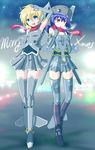  blonde_hair blue_eyes blue_hair christmas cyrillic english f-22_raptor highres mecha_musume military multiple_girls original personification red_eyes robot_ears russian salute scarf su-57 thighhighs translated zephyr164 