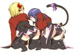  all_fours ass black_legwear blonde_hair blue_hair blush bow cameltoe cat_tail cosplay frederica_bernkastel from_behind hair_bow lambdadelta long_hair misumi_kouji multiple_girls purple_eyes short_hair spanked stakes_of_purgatory tail tears thighhighs umineko_no_naku_koro_ni 