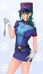  cuffs gloves green_hair hand_on_hip handcuffs hat highres junsaa_(pokemon) khalitzburg lips miniskirt pencil_skirt pokemon pokemon_(anime) police skirt solo uniform 