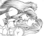  2girls arm_grab armband armor earrings eirika embrace eyes_closed fire_emblem fire_emblem:_seima_no_kouseki fire_emblem_sacred_stones hug lineart long_hair lying marisa marisa_(fire_emblem) monochrome ponytail princess yuri 