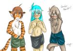  blush chest_tuft crossgender feline female flora_(twokinds) human keith_(twokinds) male tiger tom_fischbach topless trace_(twokinds) trio twokinds 