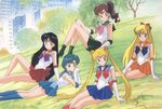  5girls aino_minako bishoujo_senshi_sailor_moon building casual city friends grass happy hillside hino_rei kino_makoto laying legs long_legs lying lying_on_stomach mizuno_ami multiple_girls official_art on_stomach outdoors outside portrait sailor_jupiter sailor_mars sailor_mercury sailor_moon sailor_venus sitting skyscraper smile tree trees tsukino_usagi 