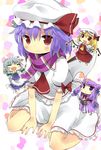  :&lt; amaa_(chou_dennou_jidai) bad_id bad_pixiv_id bat_wings chibi flandre_scarlet hat highres izayoi_sakuya minigirl multiple_girls patchouli_knowledge purple_hair red_eyes remilia_scarlet scarf sitting touhou wariza wings 