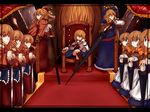  alice_margatroid blonde_hair blue_eyes boots bow capelet crossed_legs doll hair_bow hairband highres hourai_doll lance polearm shanghai_doll short_hair sitting solo sword syouzigami touhou weapon 