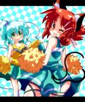  alternate_hairstyle animal_ears blue_hair cat_ears cat_tail cheerleader fang gin_(shioyude) green_eyes hair_bobbles hair_ornament hairclip kaenbyou_rin kanzashi komeiji_koishi letterboxed multiple_girls multiple_tails one_eye_closed pom_poms red_eyes red_hair side_ponytail tail touhou 