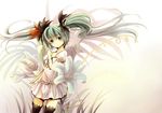  blue_eyes dress floating_hair flower green_hair hatsune_miku lily_(flower) long_hair solo thighhighs twintails vocaloid world_is_mine_(vocaloid) zhao_shuwen 