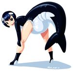  anthrofied blush brown_eyes cetacean diaper female gabby human latex looking_at_viewer mammal marine mifmaf open_mouth orca plain_background rubber shiny smile solo whale white_background 