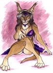 brown_fur brown_hair caracal clothed clothing ear_piercing feline female fur hair looking_at_viewer mammal piercing purple purple_clothing seductive shiverz sitting skimpy solo tiara 