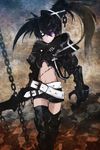  armor auer bad_id bad_pixiv_id belt black_hair black_rock_shooter chain eyepatch highres insane_black_rock_shooter loose_belt purple_eyes scar short_shorts shorts solo thighhighs twintails 
