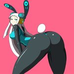  animal_ears arched_back ass bangs bent_over blonde_hair blue_leotard blunt_bangs breasts bunny_ears bunny_tail covered_nipples electro_emilia from_behind impossible_clothes ken_(koala) large_breasts leotard long_hair looking_back neon_trim original pantyhose ringed_eyes simple_background smug solo tail 