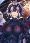  2girls ahoge armor armored_dress back-to-back black_dress blonde_hair braid braided_ponytail breasts breasts_apart chains day dress fate/grand_order fate_(series) grin hair_between_eyes hand_on_hilt headpiece jeanne_d&#039;arc_(alter)_(fate) jeanne_d&#039;arc_(fate) jeanne_d&#039;arc_(fate)_(all) kamuinii large_breasts long_hair looking_to_the_side multiple_girls outdoors short_hair silver_hair single_braid smile solo_focus very_long_hair yellow_eyes 