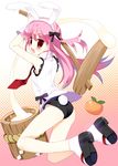  animal_ears bunny_ears bunny_tail bunnysuit food fruit full_body kine long_hair mallet mandarin_orange meito_(maze) mochi mochitsuki new_year original pink_hair solo tail wagashi 