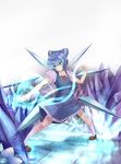  blue_eyes blue_hair bow cirno crystal dress fighting_stance hair_bow highres ice ice_wings kneehighs magic magic_circle pointing short_hair smile solo touhou vicsen-u5 white_legwear wings 