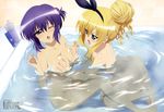  absurdres ass bath blonde_hair blue_eyes breast_envy breast_grab breasts cleavage feet flat_chest fujiwara_natsuko grabbing green_eyes hair_bun highres isurugi_mio legs megami mm! multiple_girls non-web_source nude official_art one_eye_closed open_mouth pink_eyes purple_hair shared_bathing short_hair small_breasts water yuri yuuno_arashiko 