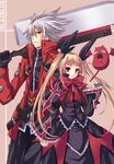  1girl bad_id bad_pixiv_id belt blazblue blonde_hair bow gii heterochromia long_hair peach_(momozen) rachel_alucard ragna_the_bloodedge red_bow red_eyes sword weapon white_hair 