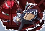  black_legwear braid full_moon garter_straps gloves highres izayoi_sakuya kneepits knife maid maid_headdress moon panties pantyshot red_eyes short_hair silver_hair solo thighhighs touhou twin_braids underwear window zqhzx 