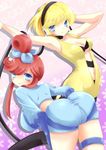  2girls alternate_hairstyle ass bent_over blonde_hair blue_eyes breasts cleavage fuuro_(pokemon) gym_leader halter_top halterneck headphones kamitsure_(pokemon) large_breasts lilita_(lilichi) long_hair multiple_girls navel open_clothes open_shirt pixiv_thumbnail pokemon pokemon_(game) pokemon_black_and_white pokemon_bw red_hair resized shirt short_hair smile 
