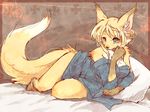  bed black_nose blonde_hair blue_eyes blush canine chest_tuft chubby female fox hair japanese_clothing kimono on_side pillow pipisan robe skimpy solo tail white wide_hips yellow 