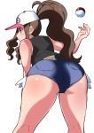  1girl ass blue_eyes brown_hair creatures_(company) eyebrows game_freak hat highres huge_ass long_hair nintendo pokeball pokemon pokemon_(game) pokemon_bw ponytail shirt shorts simple_background solo thick_thighs thighs tied_hair touko_(pokemon) vest white_background 