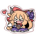  &gt;_&lt; :d blush bow bowl chibi chopsticks closed_eyes fang food heart horn_ribbon horns ibuki_suika long_hair noodles open_mouth orange_hair ribbon sigh simple_background smile solo touhou xd yanagi_(nurikoboshi) 