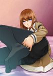  ass bad_id bad_pixiv_id blue_eyes brown_hair feet gonoike_biwa legwear_under_shorts long_hair long_sleeves lying makise_kurisu pantyhose shorts solo steins;gate wavy_mouth 