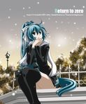  alternate_hairstyle aqua_eyes aqua_hair bad_id bad_pixiv_id hair_ribbon hatsune_miku long_hair ponytail ribbon scarf sitting snow snowing solo suzunari_ichigo thighhighs very_long_hair vocaloid white_scarf winter 