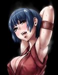  arm_up armlet armpits blue_hair blush breasts cleavage japanese_clothes large_breasts mole mole_under_mouth open_mouth original red_eyes sgk short_hair simple_background solo steam steaming_body sweat 