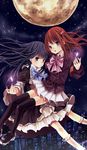  bad_id bad_pixiv_id belt black_hair black_legwear blue_eyes bow city dress expressionless frederica_bernkastel full_moon hair_bobbles hair_ornament kneehighs long_hair moon multiple_girls night red_hair ribbon ringo_komachi shoes skirt thighhighs umineko_no_naku_koro_ni ushiromiya_ange 