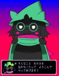  2018 ambiguous_gender black_fur blush bovid caprine clothing clothing_lift deltarune digital_media_(artwork) eyewear fur glasses half-closed_eyes hat horn looking_at_viewer mammal ralsei ritoning8810 scarf simple_background text translation_request video_games white_eyes young 