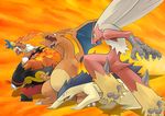  charizard claws creature emboar fangs fire gen_1_pokemon gen_2_pokemon gen_3_pokemon gen_4_pokemon gen_5_pokemon infernape kajipon no_humans open_mouth orange_background pokemon pokemon_(creature) red_eyes simple_background standing teeth tongue typhlosion 