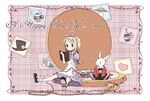  alice_(wonderland) alice_in_wonderland apron bad_id bad_pixiv_id blonde_hair bloomers book bottle bow bowtie cake chika_(orange_pop) dress flower food hat heart lid mary_janes mushroom new_year pocket_watch shoes sitting teapot underwear watch white_rabbit 