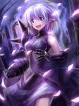  :d artemisia_(pixiv_fantasia) edobox elf gauntlets open_mouth petals pixiv_fantasia pixiv_fantasia_2 pointy_ears purple_eyes short_hair silver_hair smile solo 