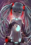  aikura_(twilight_dusk) aqua_hair bad_id bad_pixiv_id bridal_gauntlets glowing green_eyes hand_on_own_chest hatsune_miku hatsune_miku_(append) long_hair navel necktie open_mouth solo twintails very_long_hair vocaloid vocaloid_append 