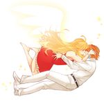  1girl bad_id bad_pixiv_id barefoot blonde_hair bracelet brief_(psg) couple dress falling formal hetero hitachi imminent_kiss jewelry long_hair orange_hair panty_&amp;_stocking_with_garterbelt panty_(psg) red_dress skirt wings 