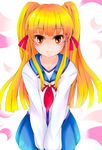  angel_beats! blonde_hair brown_eyes leaning_forward long_hair pantyhose school_uniform serafuku solo twintails uu_(reflect) yusa_(angel_beats!) 