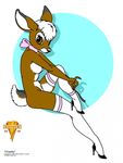  anthro bow breasts brown_eyes cervine chastity cheesecake deer doe female hair high_heels joseph_ny legs legwear looking_at_viewer mammal pinup plain_background pose solo stockings virgin white_background white_hair 