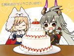  2girls :3 =_= ahoge berserker_(granblue_fantasy) blonde_hair breasts brown_eyes cake cape chibi djeeta_(granblue_fantasy) draph eating expressive_clothes food fork fruit granblue_fantasy grey_hair heart horns long_hair medium_breasts multiple_girls navel open_mouth panda_(azarashi_suki) skirt smile strawberry thalatha_(granblue_fantasy) translation_request upper_body 