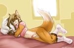  balls bed bottomless brown brown_eyes brown_hair canine clothed clothing fox foxer girly hair half-dressed house humanoid_penis long_hair looking_at_viewer male mammal necklace penis pillow shirt smile socks solo t-shirt tokifuji 