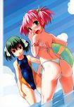  2girls :o ass beach bikini bosshi competition_swimsuit day dutch_angle embarrassed flat_chest green_eyes green_hair hair_bobbles hair_ornament hand_on_hip innertube looking_back moe_(bosshi) multiple_girls one-piece_swimsuit open_mouth original outdoors panties pink_hair red_eyes ribbon short_twintails side-tie_bikini sweat swimsuit thong thong_bikini twintails underwear wading water yu_(bosshi) 