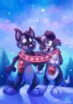  border_collie canine couple dog love outside plantigrade scarf smile tabbiefox tail tongue_out toony trees twilight wink winter wolf 