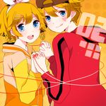  1girl :q bad_id bad_pixiv_id baseball_cap blonde_hair blue_eyes casual earrings hair_ornament hair_ribbon hairclip hat heart holding_hands hood hoodie jewelry juvenile_(vocaloid) kagamine_len kagamine_rin komine red_string ribbon short_hair string tongue tongue_out vocaloid 