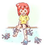  aizawa_eiko barefoot brown_eyes fish_pedicure ikamusume mini-ikamusume minigirl multiple_girls red_hair sakaguchi_misaki shinryaku!_ikamusume shirt soaking_feet t-shirt tentacle_hair water 