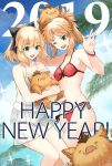  2019 2girls :d ;d animal animal_on_head artoria_pendragon_(all) bikini black_bow blonde_hair blue_sky bow bracelet breasts cleavage cloud collarbone day eyebrows_visible_through_hair fate/grand_order fate_(series) green_eyes grey_scrunchie hair_bow hair_ornament hair_scrunchie happy_new_year high_ponytail holding holding_animal jewelry long_hair miniskirt mordred_(fate)_(all) mordred_(swimsuit_rider)_(fate) multiple_girls new_year on_head one_eye_closed open_mouth palm_tree pleated_skirt red_bikini saber_lily scrunchie shirt side-tie_bikini sideboob skirt sky sleeveless sleeveless_shirt smile sparkle standing swimsuit touru_10ru tree twitter_username white_shirt white_skirt 